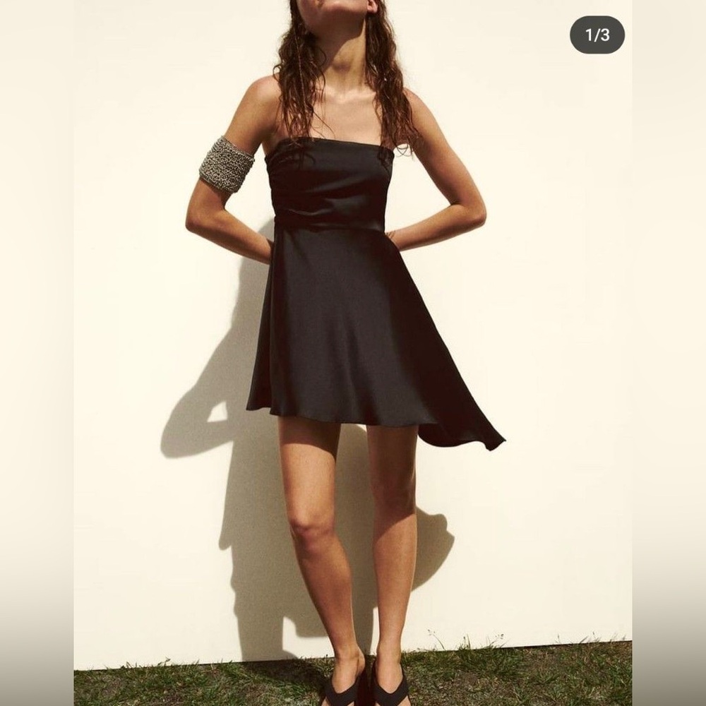 Zara Satin Effect Black Strapless Asymmetrical Draped Cocktail Dress - Size XL